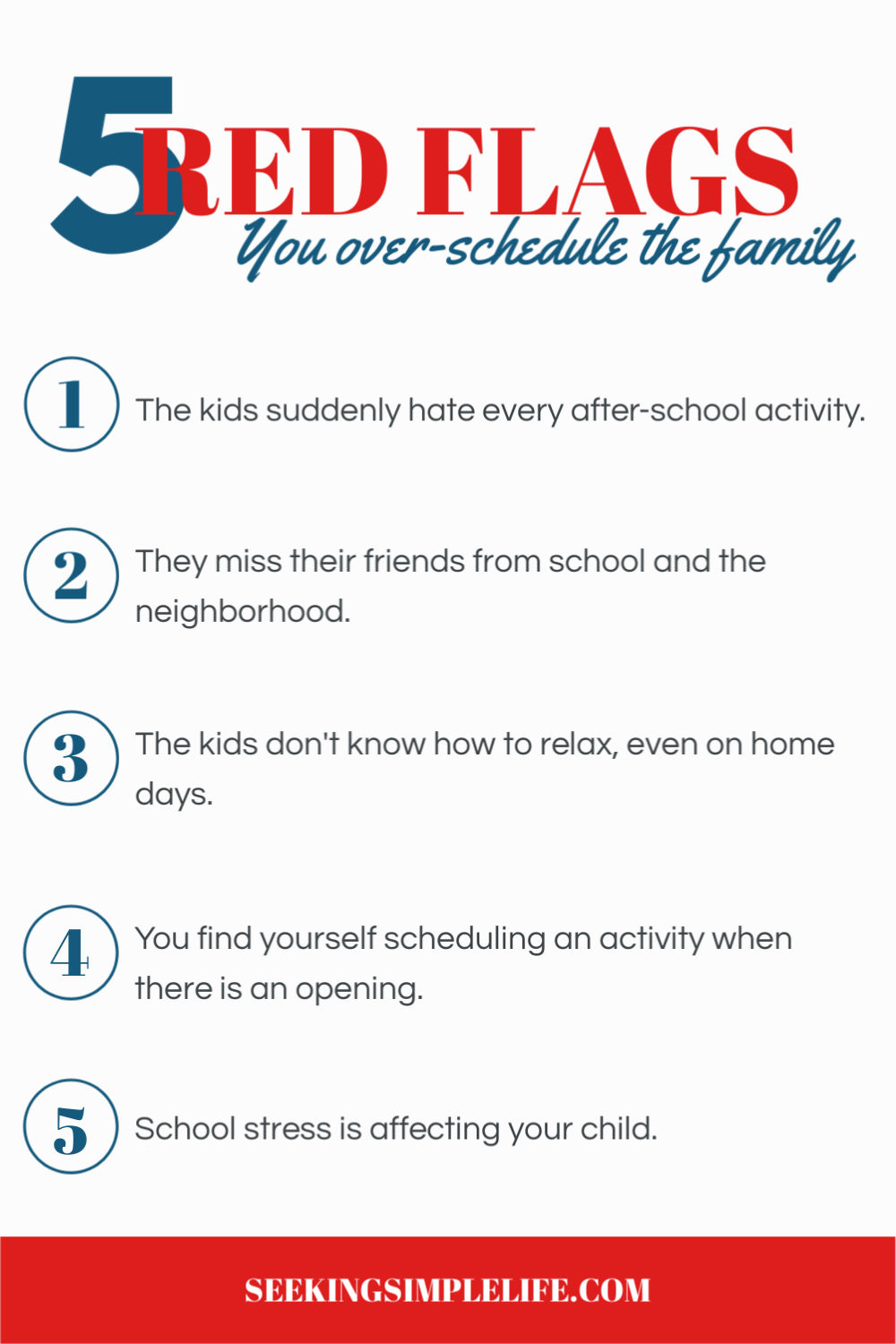 Is the family suffering from a busy schedule? Are you over-scheduling the family? Here are 5 signs you are over-scheduling the family. Click to find out 3 reasons to stop and 5 ways to stop over-scheduling the family. #lifelessons #parentinghacks #parentingadvice #workingmothers #busymoms #seekingsimplelife