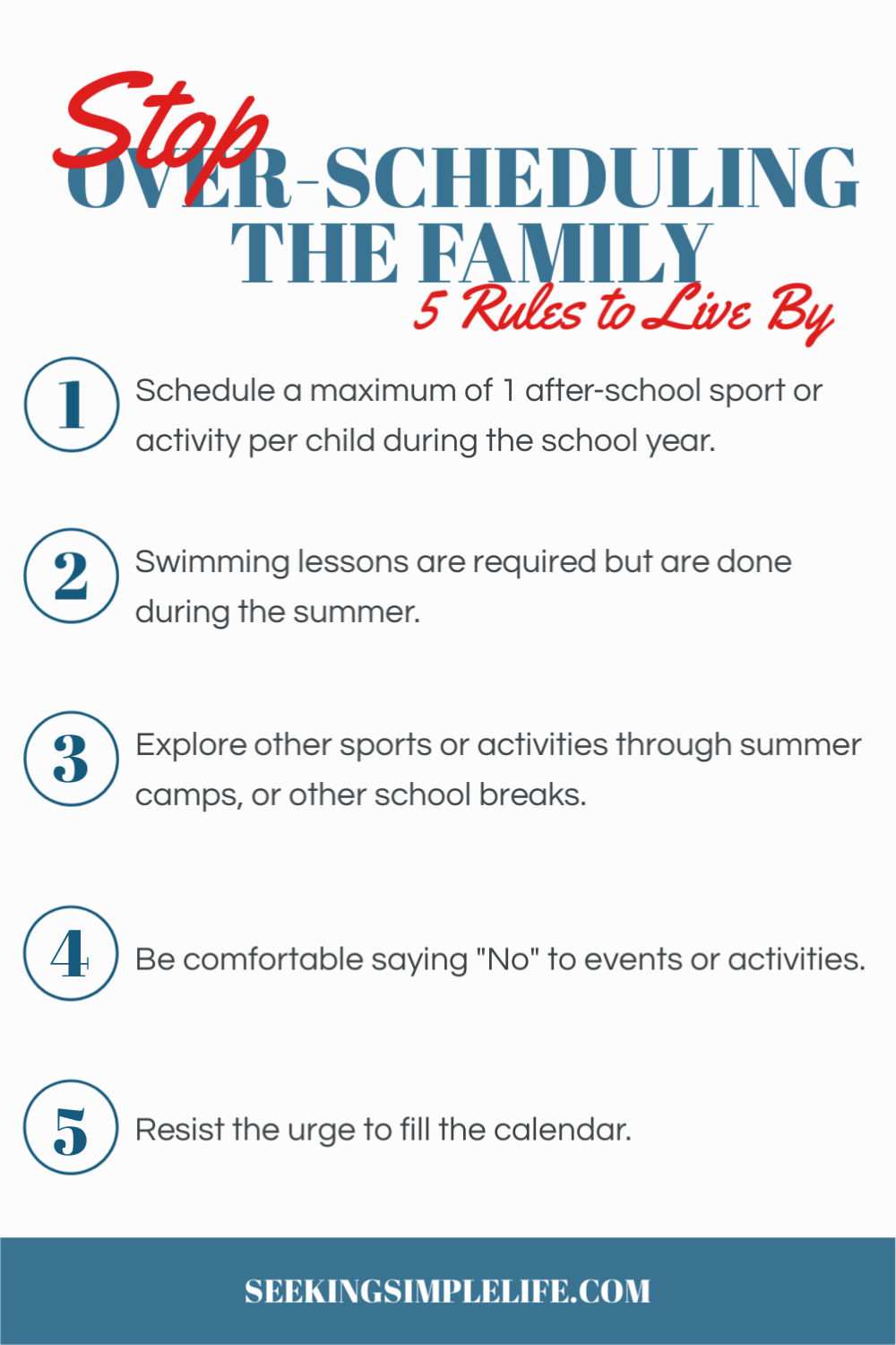 Is the family suffering from a busy schedule? Are you over-scheduling the family? Here are 5 ways to stop over-scheduling the family.. Click to find out 5 signs you are over-scheduling the family and 3 reasons to stop. #lifelessons #parentinghacks #parentingadvice #workingmothers #busymoms #seekingsimplelife