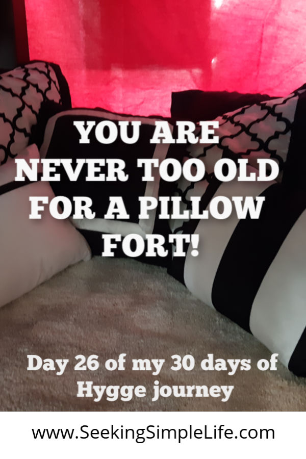 Adults don't belong in a pillow fort! They are for kids. My 30 days of Hygge challenge made me find my inner child and spend time in a pillow fort. I was glad I did and you will too. Click to find out why. #solitude #mindfulness #healthyliving #workingmothers #busymoms #hyggelifestyle #seekingsimplelife